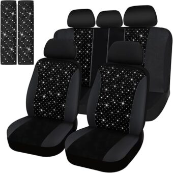 Bling Car Seat Cover Full Set Velvet Seat Cover Women Breathable Full Set Vehicle Seat Protector Black Mesh Auto Seat Cover Universal Fit for Most of Sedan SUV Truck Minivan...