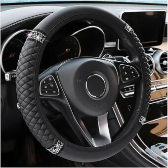 Bling Soft Leather Steering Wheel Cover, 15 Inch Colorful Rhinestones Auto Elastic Steering Wheel Protector, Sparkly Crystal Diamond for Women Girls, Car Accessories for Most...