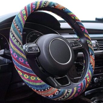 Boho Steering Wheel Cover Elastic Microfiber for Women, Universal Fit 15 inch Car SUV, Hippie Style Protector Cover, Anti-Slip, Breathable, Absorbing Sweat - 01