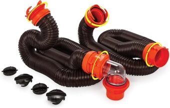 Camco RhinoFLEX 20-Ft Camper/RV Sewer Hose Kit - Features Clear Elbow Fitting w/Removable 4-in-1 Adapter - Connects to 3” Slip or 3”/3.5”/4” NPT Threaded Sewer Connection (39742)