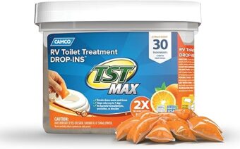 Camco TST MAX Camper / RV Toilet Treatment Drop-INs - Control Unwanted Odors & Break Down Waste and Tissue - Safe Septic Tank Treatment - Orange Scent, 30-Pack (41183)