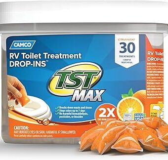 Camco TST MAX Camper / RV Toilet Treatment Drop-INs - Control Unwanted Odors & Break Down Waste and Tissue - Safe Septic Tank Treatment - Orange Scent, 30-Pack (41183)