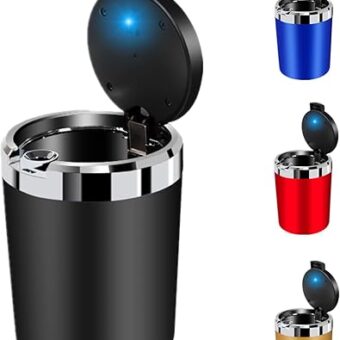 Car Ashtray Car Ashtray with lid Car Ash Tray with LED Mini Trash Can for Car Detachable Stainless Steel Ash Tray (Black)