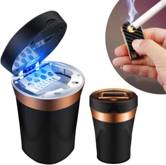 Car Ashtray Detachable Ceramics with Lid Blue Led Light with Removable Lighter Solar Energy and USB Dual Charging for Most Car Cup Holder (Black)