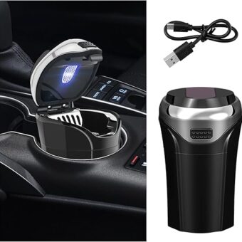 Car Ashtray with Lid, Detachable USB Rechargeable Auto Cigarette Lighter with Blue LED Light, Portable Smell Proof Stainless Car Ash Tray, Mini Automotive Trash Can (Silver)