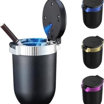 Car Ashtray with Lid Portable Ash Tray Mini Car Trash Can with LED Blue Light Windproof for Outdoor Travel (Silver)