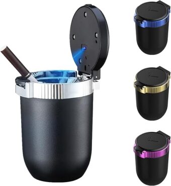 Car Ashtray with Lid Portable Ash Tray Mini Car Trash Can with LED Blue Light Windproof for Outdoor Travel (Silver)