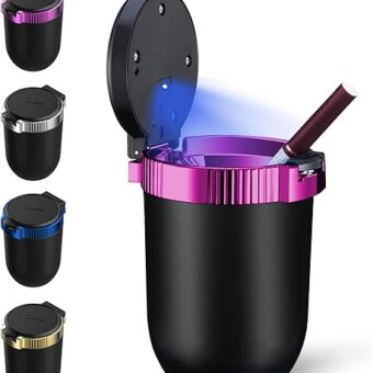 Car Ashtray with Lid, Portable Ashtray for Car, Detachable Stainless Steel Smokeless Ashtray with LED Blue Light, Windproof for car Travel, Mini Car Trash Can(Purple 1-Pack)