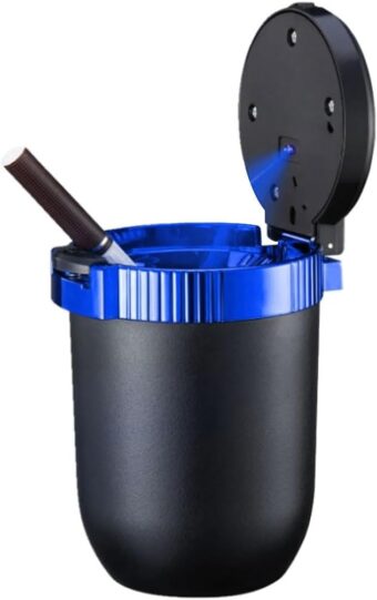 Car Ashtray with Lid Smell Proof, Detachable Stainless Smokeless Ash Tray with LED Blue Light, Portable Mini Car Trash Can, Windproof Auto Ashtray Cup Holder for Car Home...