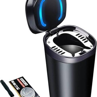 Car Ashtray with Lid Smell Proof, Smokeless Ashtray, Mini Car Trash Can, Detachable Stainless Steel Ash Tray with Lid and LED Blue Light