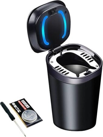 Car Ashtray with Lid Smell Proof, Smokeless Ashtray, Mini Car Trash Can, Detachable Stainless Steel Ash Tray with Lid and LED Blue Light