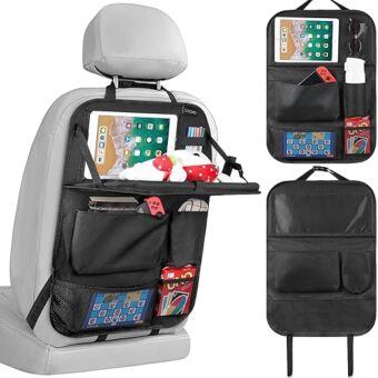 Car Backseat Organizer with Tablet Holder,6 Storage Pockets Car Storage Organizer with Foldable Food Tray,Car Seat Back Protectors Kick Mats Travel Accessories-Black