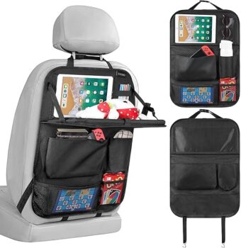 Car Backseat Organizer with Tablet Holder,6 Storage Pockets Car Storage Organizer with Foldable Food Tray,Car Seat Back Protectors Kick Mats Travel Accessories-Black