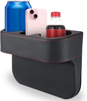 Car Cup Holder, Auto Front Seat Organizer, Multifunctional Cup Drink Holders with PU Leather Cover, Gap Filler Storage Box Coin Bucket Console Side Pocket Cell Mobile Phone...