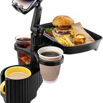 Car Cup Holder Tray - Adjustable Car Cup Holder Phone Mount with Food Tray 5 in 1 Swivel Expander for All Purpose, Automotive Extender Accessories Gifts for Auto Trucker Road Trip