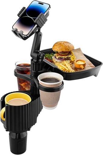 Car Cup Holder Tray - Adjustable Car Cup Holder Phone Mount with Food Tray 5 in 1 Swivel Expander for All Purpose, Automotive Extender Accessories Gifts for Auto Trucker Road Trip