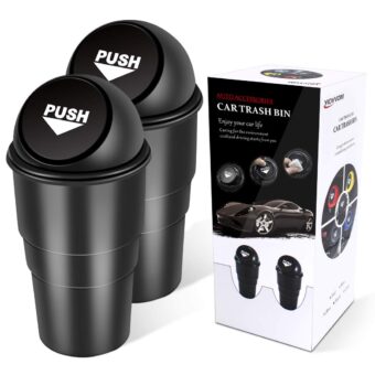 Car Garbage Can with Lid, Leakproof Vehicle Automotive Cup Holder Car Trash Can, Small Trash Bin for Automotive Office Home Kitchen, Bedroom Set of 2 (Double Black, 1)