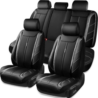 CAR PASS 5 Seats Carbon Fiber Luxury Leather Seat Covers Full Set, Waterproof Durable Premium Leather Car Seat Covers, Universal Fit for Most Trucks Sedans Vans SUVs Cars Deluxe...