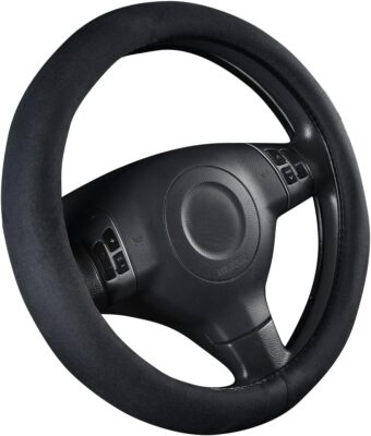 CAR PASS Black Faux Suede 14.5-15 Inch Memory Foam Steering Wheel Covers Breathable Anti-Slip Odorless Steering Wheel Universal Fit for Men Women