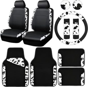 CAR PASS Cow Print Car Accessories Sets Faux Leather Car Seat Covers & Cow Car Mats & Cow Steering Wheel Cover Seat Belt Pads Universal fit for SUV,Van,Saden,Truck Cute...