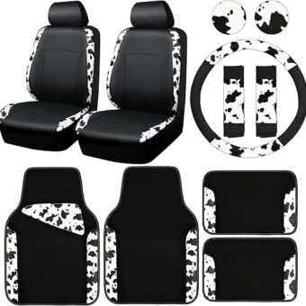 CAR PASS Cow Print Car Accessories Sets Faux Leather Car Seat Covers & Cow Car Mats & Cow Steering Wheel Cover Seat Belt Pads Universal fit for SUV,Van,Saden,Truck Cute...