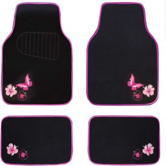 CAR PASS Embroidery Butterfly and Flower Car Floor Mats, Pink Car Floor Mats Universal Fit 95% Automotive,SUVS,Sedan,Vans,for Cute Women,Girly,Set of 4 (Black with Pink)