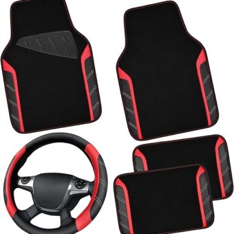 CAR PASS Leather Steering Wheel Cover and Waterproof Car Floor Mats,Microfiber Universal Car Combo Fit for 95% Sedan,SUV,Cars,14.5-15inch Sporty Anti-Slip Safety Comfortable...