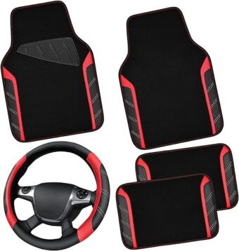 CAR PASS Leather Steering Wheel Cover and Waterproof Car Floor Mats,Microfiber Universal Car Combo Fit for 95% Sedan,SUV,Cars,14.5-15inch Sporty Anti-Slip Safety Comfortable...