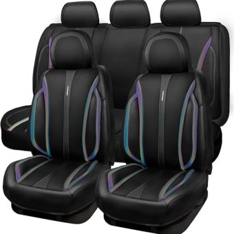 CAR Pass Nappa Leather Car Seat Covers, Durable Waterproof Luxury Universal for SUV Pick-up Truck Sedan, Anti-Slip Driver 5 Seats Covers Full Set with Backrest (Black Chameleon...