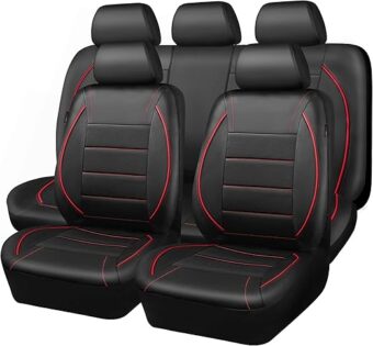 CAR PASS Universal FIT Piping Leather Car Seat Cover, for suvs,Van,Trucks,Airbag Compatible,Inside Zipper Design and Reserved Opening Holes (Full Set, Black and Red)