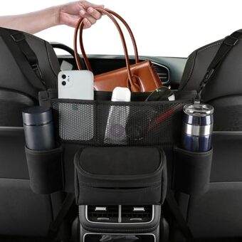 Car Purse & Handbag Holder Between Front Seats，Seat Back Organizers and Storage Bag with Tissue Hoder & 2 Cupholders & 3 Pockets for Car.(Black)