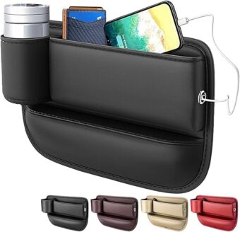 Car Seat Gap Filler - Universal Seat Gap Organizer with Storage Box and Cup Holders,for Phones Glasses Keys Cards (Black, Driver Side)