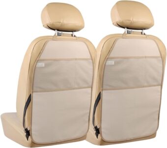 Car Seat Protector Large Kick Mat 2 Pack Durable Water Resistant Auto Seat Back Covers with 2 Mesh Pockets Protection Against Dust Mud Scratches (Beige-A, 2-Pack)