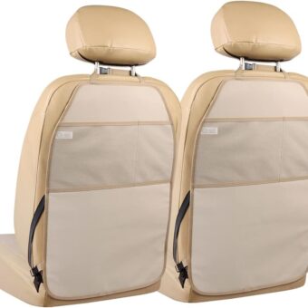 Car Seat Protector Large Kick Mat 2 Pack Durable Water Resistant Auto Seat Back Covers with 2 Mesh Pockets Protection Against Dust Mud Scratches (Beige-A, 2-Pack)