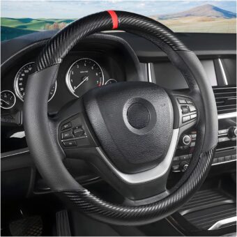 Car Steering Wheel Cover, 15 inch Anti-Slip Steering Wheel Protector, Carbon Fiber & Microfiber PU Leather Steering Wheel Cover for Women and Men, Universal Fit for Most...