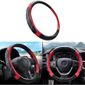 Car Steering Wheel Cover, Elastic Sport Leather Vehicle Steering Wheel Protector, Non-Slip Soft Grip Padded Auto Interior Protective Accessories, 14.5-15 Inch Universal Fit（Red）