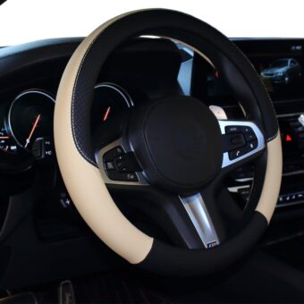 Car Steering Wheel Cover, Leather, Universal 15 Inch Fit, Anti-Slip & Odor-Free (Black&Beige)