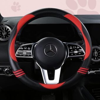 Car Steering Wheel Covers for Women Padded Carbon Fiber PU Leather Cute Auto Interior Accessories for Vehicle, Sedan, Universal, Anti Slip, Red, Standard Size 14.5-15"(37-38cm)