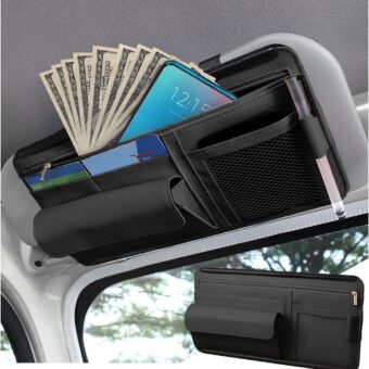 Car Sun Visor Organizer, Car Visor Pocket Wallet Pouch Holder, Vehicle Sunshade Glasses Case Storage Bag with Multi-Pocket Net Zipper, Auto Interior Accessories Universal for...