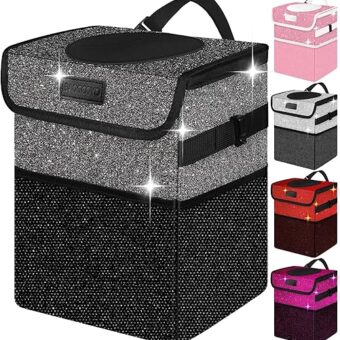 Car Trash Can for Car, Cute Mini Car Trash Bag with Lid, Glitter Car Garbage Can Bin Hanging for Back/Front Seat/Console, Waterproof, Leakproof, 2.5 Gallon, Black Bling Sparkly