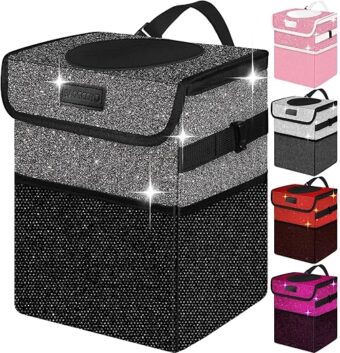 Car Trash Can for Car, Cute Mini Car Trash Bag with Lid, Glitter Car Garbage Can Bin Hanging for Back/Front Seat/Console, Waterproof, Leakproof, 2.5 Gallon, Black Bling Sparkly