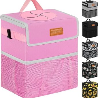 Car Trash Can for SUVs, Trucks, Vans - Pink, 2 Gallons Capacity, Leak-Proof Liner, Utility Clasps, Cute Design