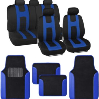 carXS Forza Series Blue Seat Covers Full Set Combo with Car Floor Mats – Front and Rear Bench Cover & Protector Set, Interior Covers for Auto Truck Van SUV