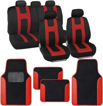 carXS Forza Series Red Covers Full Set Combo with Car Floor Mats – Front and Rear Bench Seat & Floor Protector , Interior Covers for Auto Truck Van SUV