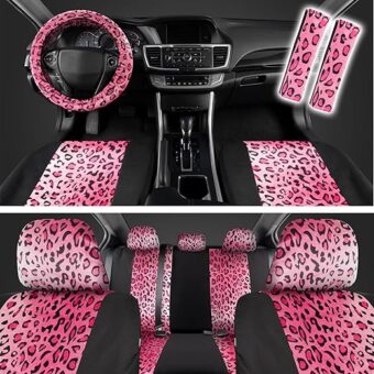 carXS Leopard Print Car Seat Covers Full Set, Includes Matching Seat Belt Pads and Steering Wheel Cover, Two-Tone Cheetah Hot Pink Seat Covers for Women, Car Seat Protector...