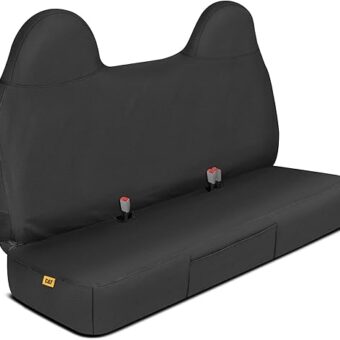 Caterpillar Custom Fit Front Bench Seat Cover with Utility Pockets for Ford F250 / F350 / F450 / F550 (1999-2007) - Durable Black Oxford Super Duty Interior Truck Seat Cover