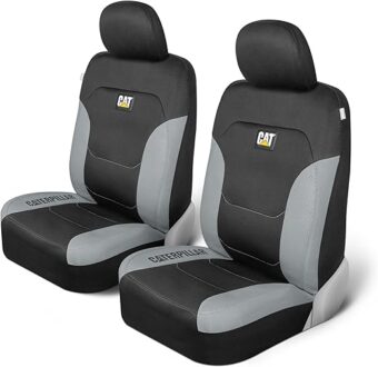 Caterpillar Flexfit Automotive Seat Covers for Cars Trucks and SUVs (Set of 2) – Black Seat Covers for Front Seats, Seat Protectors with Gray Honeycomb Trim, Auto Interior Covers