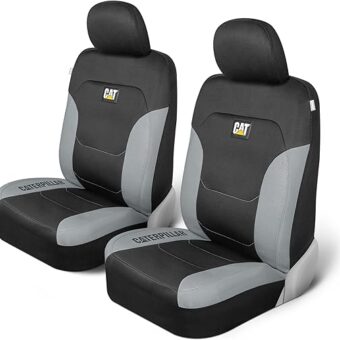 Caterpillar Flexfit Automotive Seat Covers for Cars Trucks and SUVs (Set of 2) – Black Seat Covers for Front Seats, Seat Protectors with Gray Honeycomb Trim, Auto Interior Covers