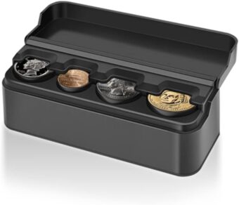 Compact Coin Holder for Car - 4 Compartment&Automatically Holds Coins Coin Organizer(1 Dollar,Quarter,Dimes) - Universal Center Console Coin Case for Car Taxi SUV Truck