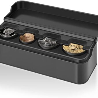 Compact Coin Holder for Car - 4 Compartment&Automatically Holds Coins Coin Organizer(1 Dollar,Quarter,Dimes) - Universal Center Console Coin Case for Car Taxi SUV Truck